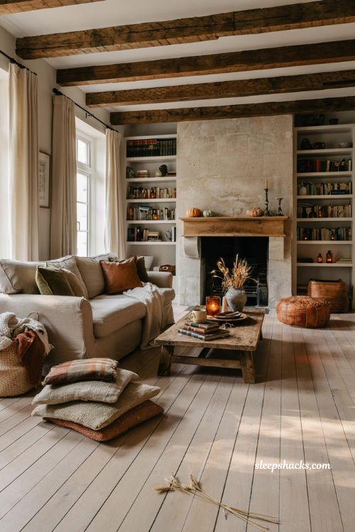 Moroccan leather pouf and floor cushions for a cozy fall living room