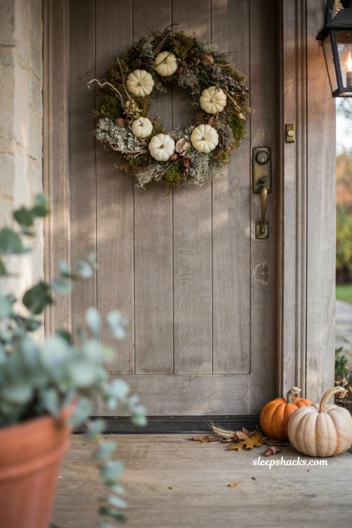 Moss and mini pumpkin Halloween wreath with natural woodland fall decor