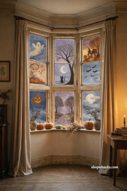 Movie inspired Halloween window mural with whimsical painted characters and cozy autumn decor