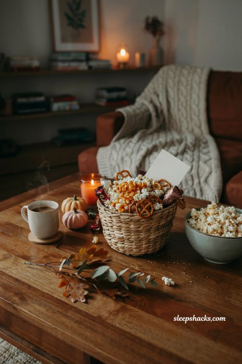 Movie night concession boo basket ideas with popcorn candy and cozy fall snacks