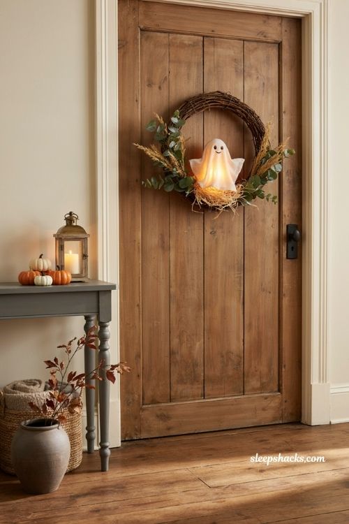 Mr Gus ghost wreath Halloween entryway decor with warm glowing fall accents