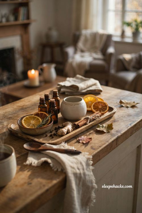 Mulled cider fall diffuser blend with orange cinnamon clove ginger and cozy kitchen decor 