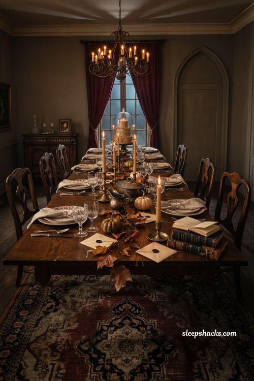 Murder mystery dinner birthday party gothic Halloween table decor