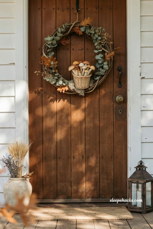 Mushroom basket accent wreath with grapevine and muted greenery for vintage fall decor