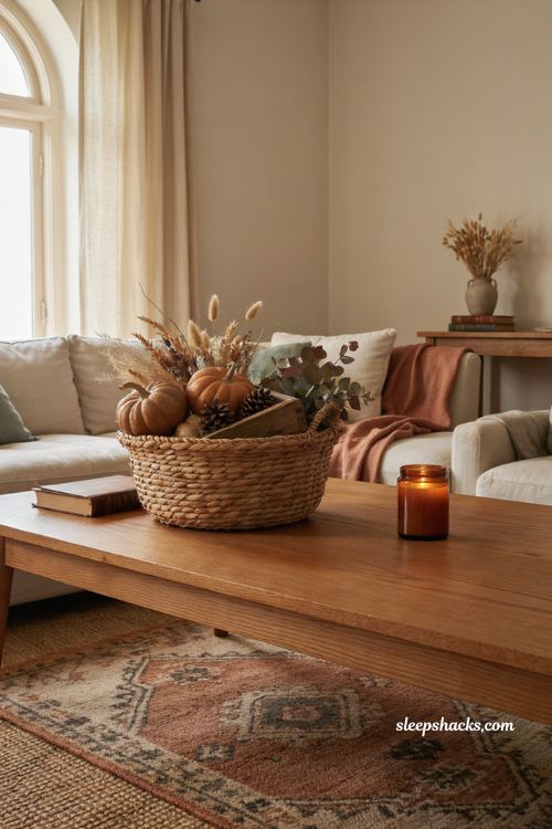 Natural fall coffee table decor with a woven basket small pumpkins dried stems wood tray and candle 