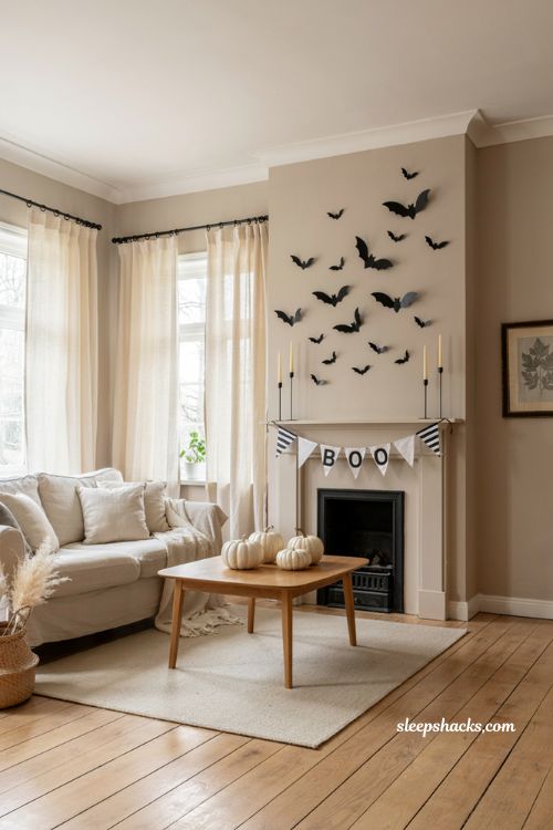 Neutral Halloween living room decor with black bat silhouettes, white pumpkins, and airy accents