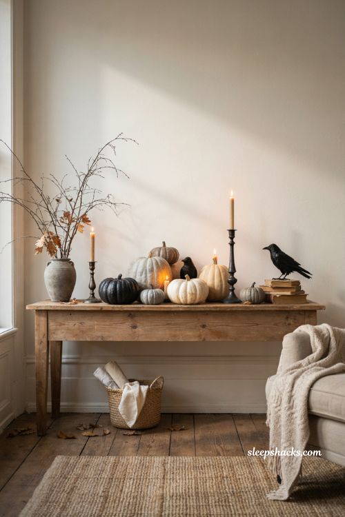 Neutral black and white pumpkins for elegant cheap Halloween decor 