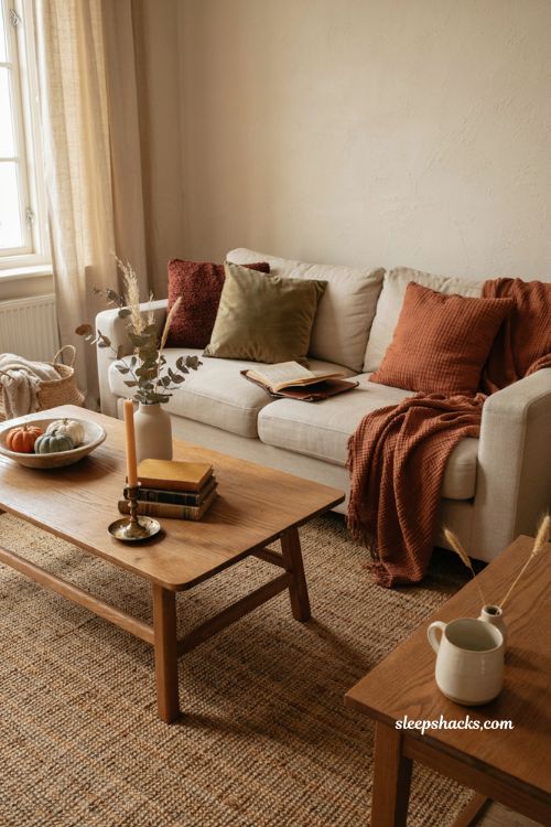 Neutral boho fall decor with burgundy olive pillows rust accents and natural wood living room