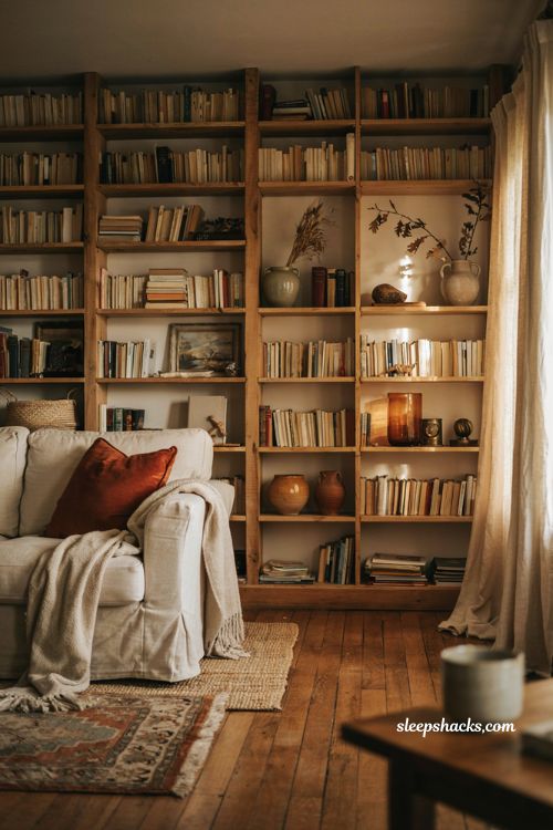 Neutral bookshelf styling ideas for a cozy fall living room with warm natural decor