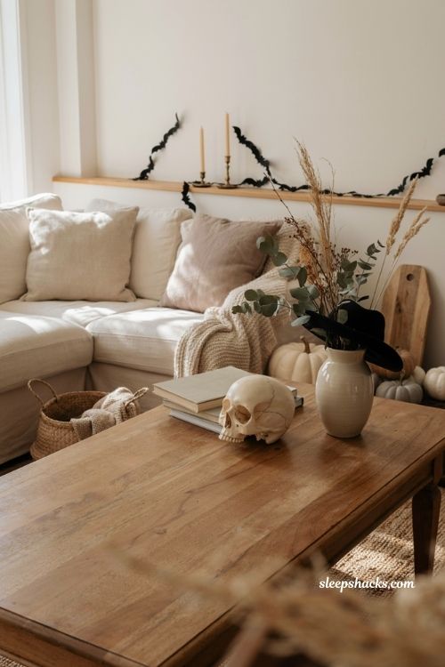 Neutral halloween decor layered into existing fall decorations with skulls and bats