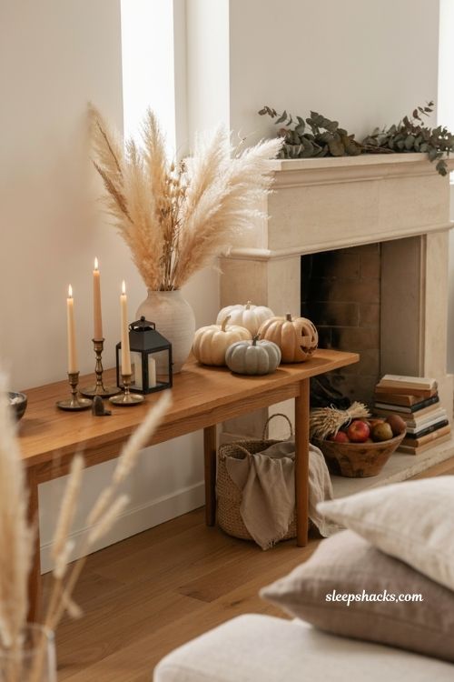 Neutral halloween decor that transitions into thanksgiving with pumpkins and dried florals