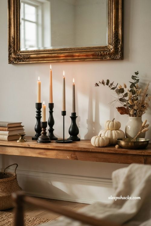 Neutral halloween decor with black candlesticks and cream taper candles