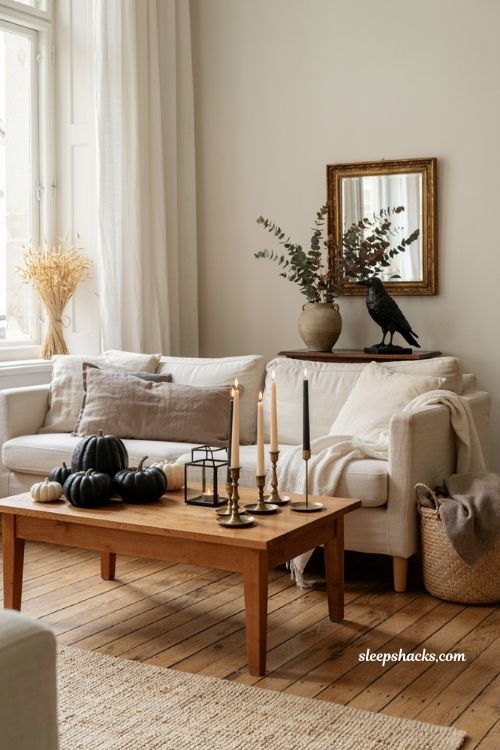 Neutral halloween decor with cream black gold and dried botanicals