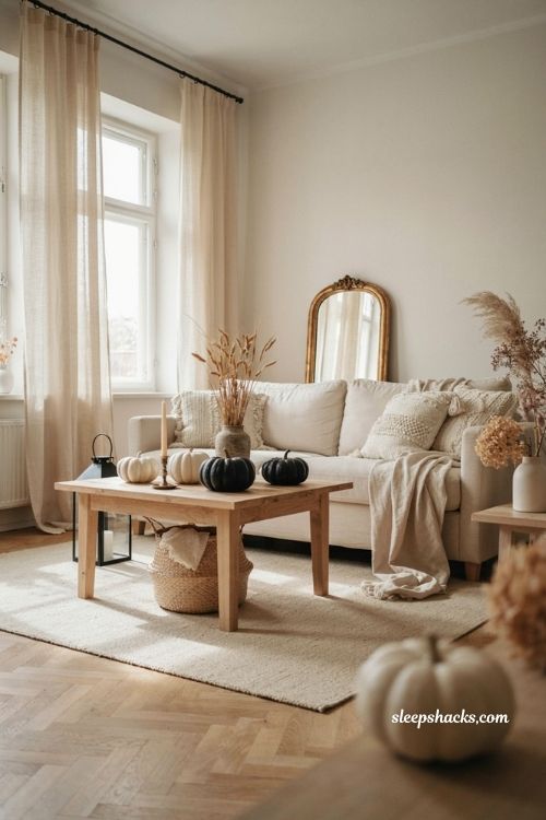 Neutral halloween decor with cream white black and gold color palette