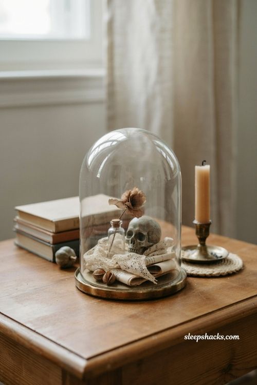 Neutral halloween decor with glass cloche lace vintage books and tiny skull