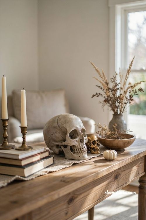Neutral halloween decor with muted aged skulls candles and vintage accents
