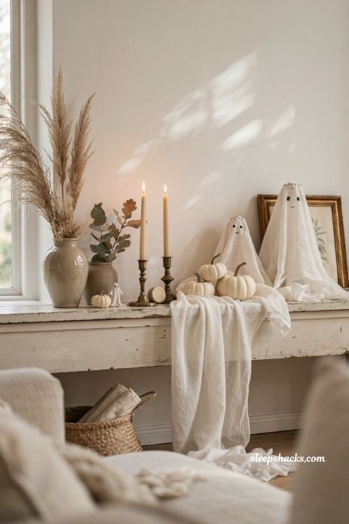 Neutral halloween decor with soft cheesecloth ghosts and dried botanicals