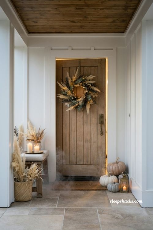 Neutral halloween decor with warm candlelight string lights and subtle fog