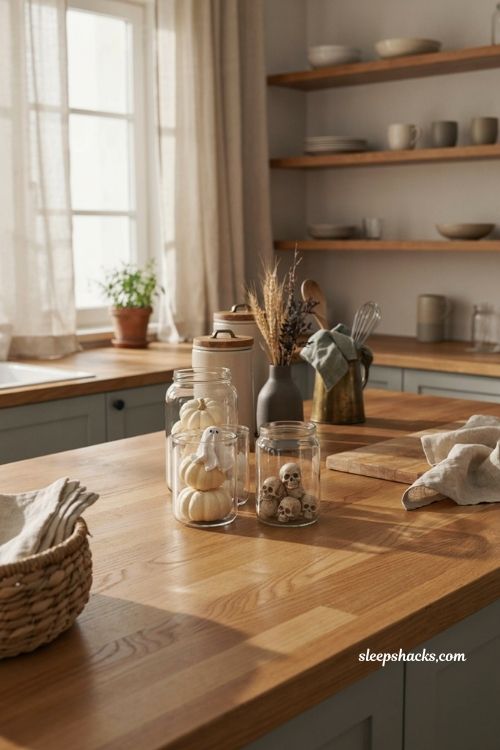Neutral halloween kitchen decor with filled glass jars and mini pumpkins