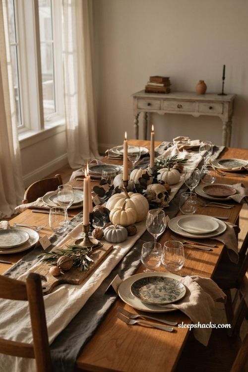 Neutral halloween tablescape with pumpkins skulls dark leaves and candles 