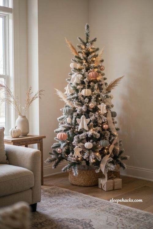 Neutral halloween tree decor with pastel pumpkins paper ghosts and soft lights
