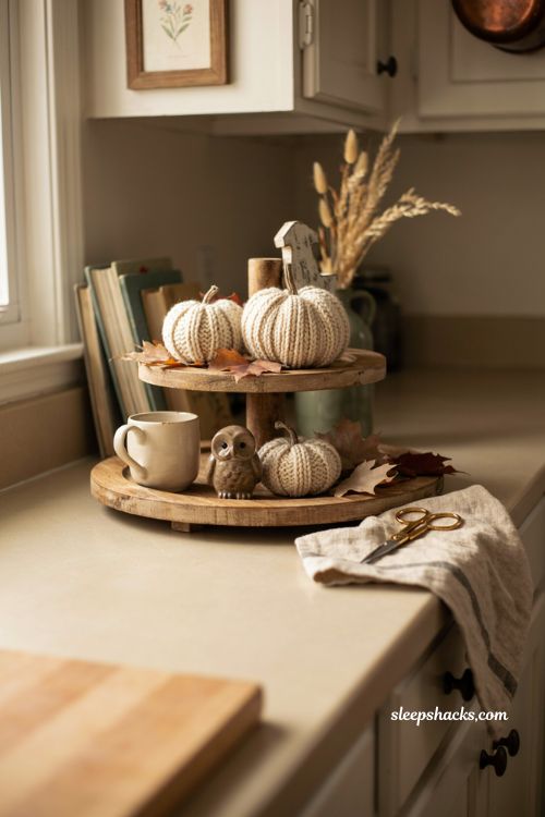 Neutral tiered tray with cream pumpkins and leaves for farmhouse Halloween decor 