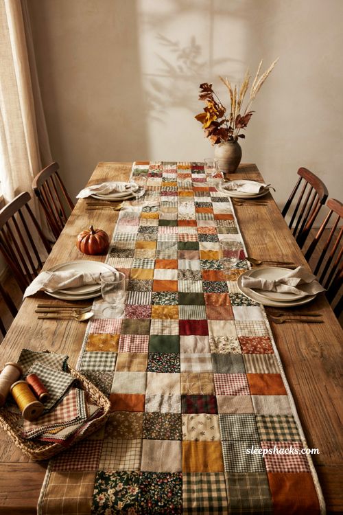 Nine patch fall table topper with warm autumn quilt colors