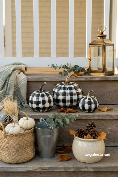 No-carve pumpkin decorating ideas with buffalo check pumpkins for cozy farmhouse porch decor
