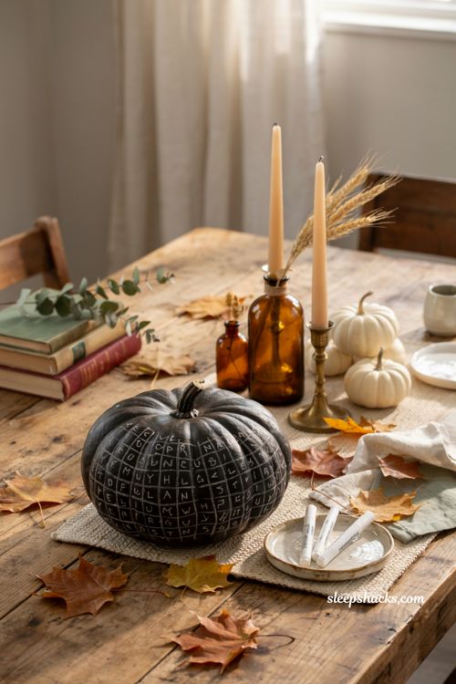 No-carve pumpkin decorating ideas with chalkboard word search pumpkin for interactive fall table decor
