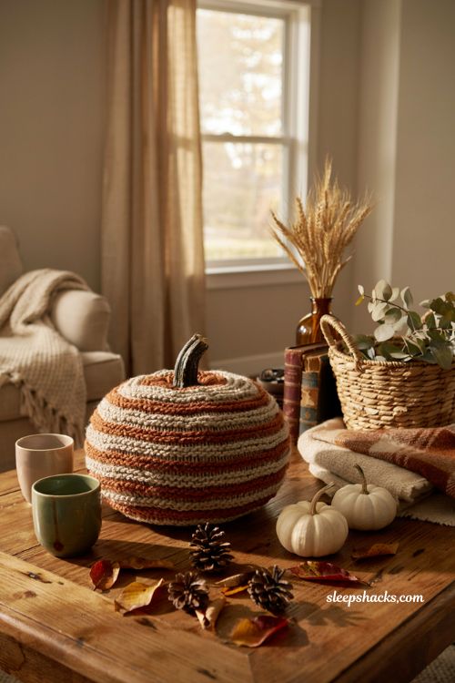 No-carve pumpkin decorating ideas with cozy yarn wrapped pumpkin for farmhouse fall decor