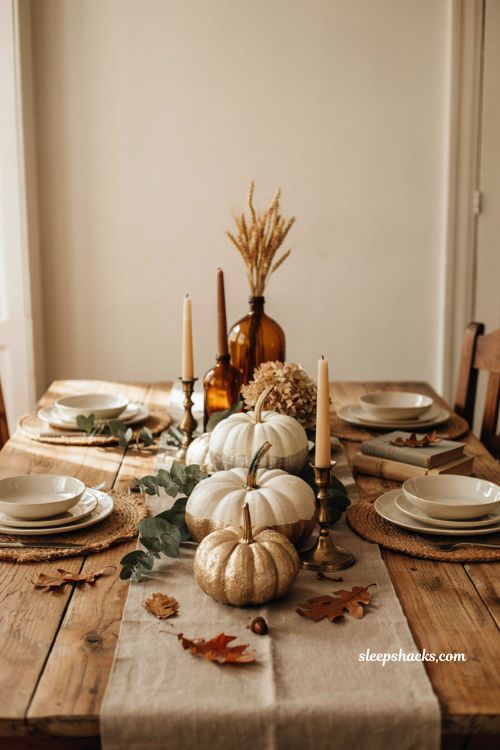 No-carve pumpkin decorating ideas with elegant glitter dipped pumpkins for farmhouse fall table decor