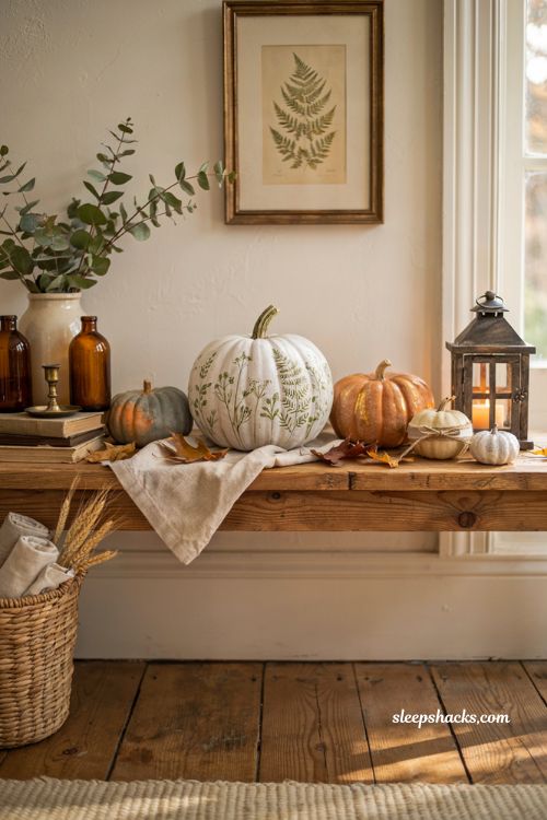 No-carve pumpkin decorating ideas with elegant painted pumpkins for cozy farmhouse fall decor