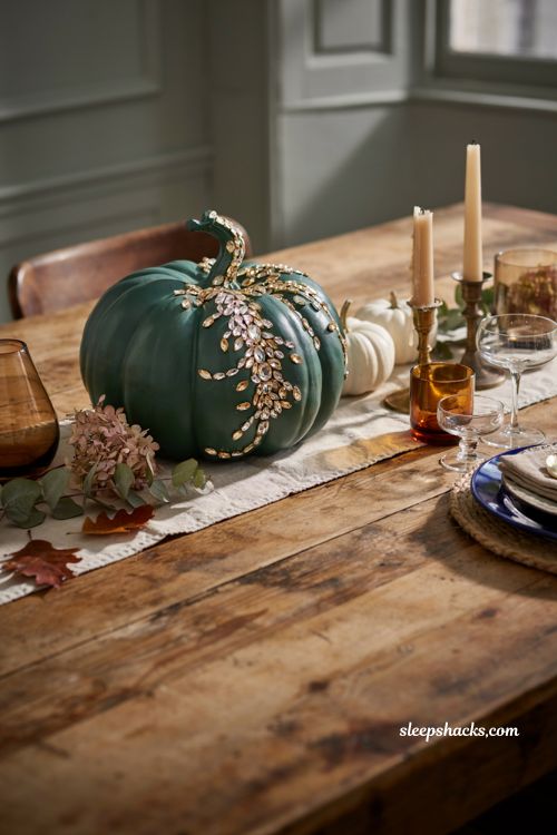 No-carve pumpkin decorating ideas with gemstone embellished pumpkin for elegant fall table decor