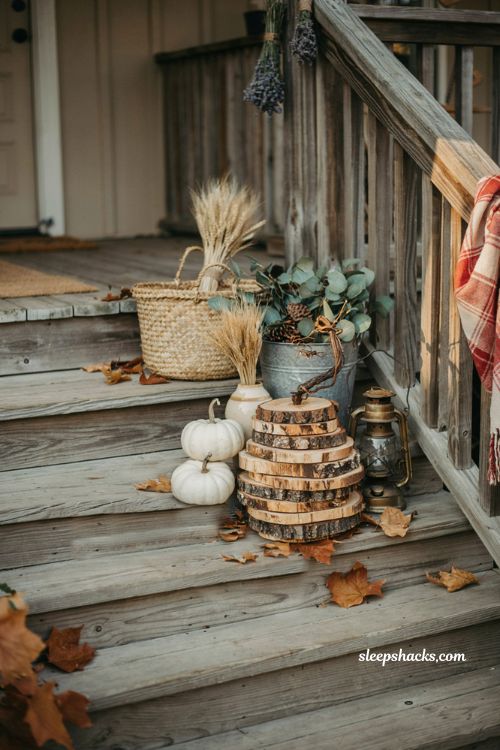 No-carve pumpkin decorating ideas with rustic wood slice pumpkin for cozy farmhouse porch decor