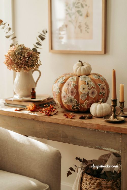 No-carve pumpkin decorating ideas with scrapbook paper floral pumpkin for elegant farmhouse fall decor