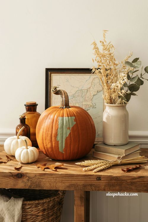 No-carve pumpkin decorating ideas with state shaped pumpkin for meaningful farmhouse fall decor