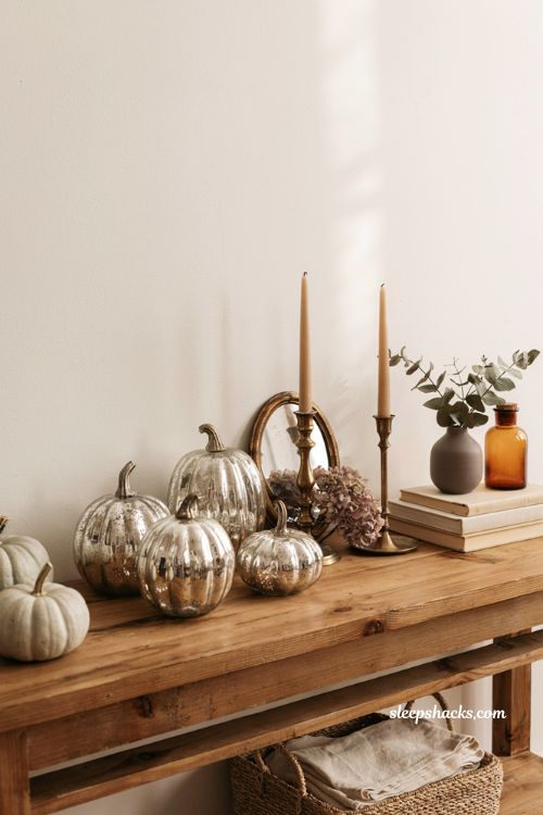 No-carve pumpkin decorating ideas with vintage mercury glass pumpkins for elegant fall home decor