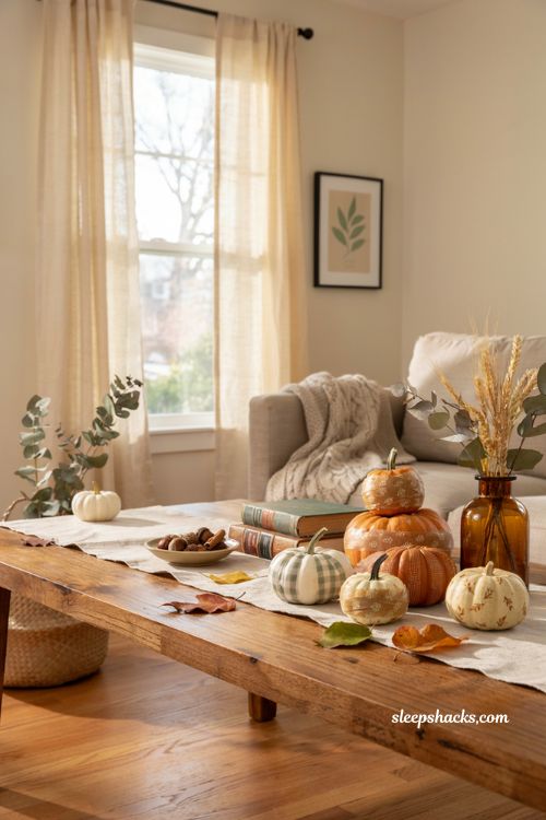 No-carve pumpkin decorating ideas with washi tape striped pumpkins for cozy farmhouse fall decor