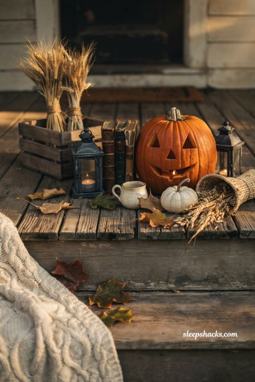 Off kilter grimace pumpkin carving idea for a cozy farmhouse Halloween porch