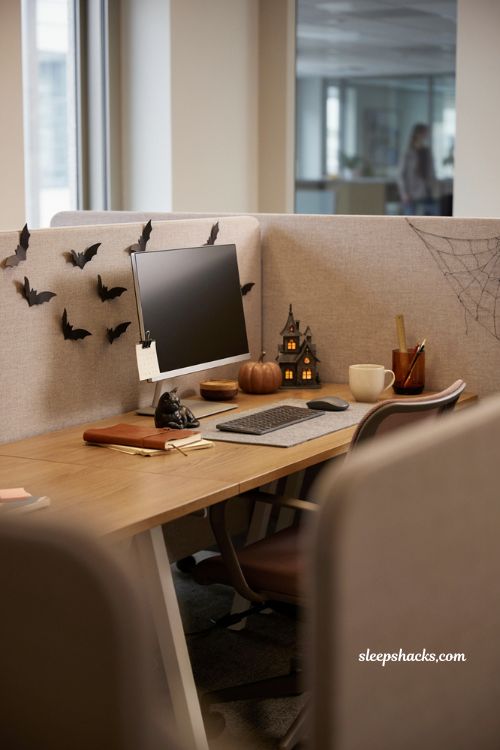 Office Halloween decorations with paper bats pumpkins and cozy desk accents
