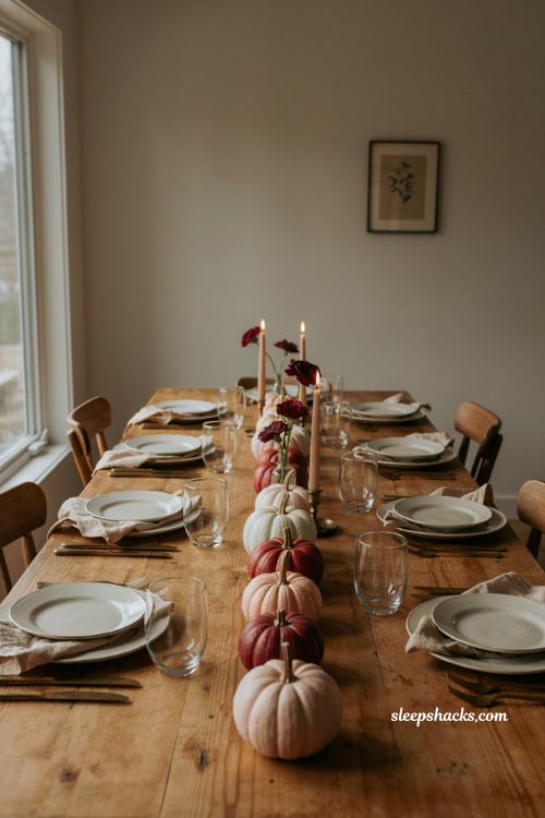 Ombre pumpkin Thanksgiving centerpiece with pink red pumpkins maroon flowers bud vases and warm neutral table decor 