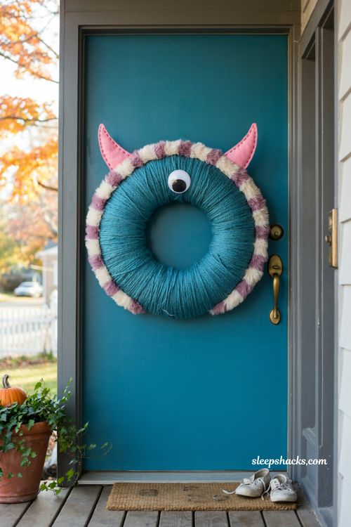 One eyed monster wreath colorful yarn Halloween front door decor