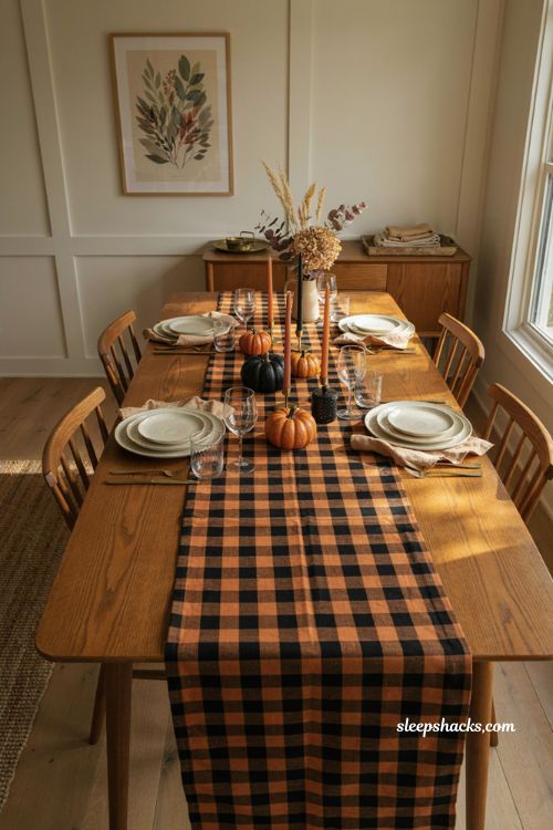Orange and black buffalo check Halloween table runner with farmhouse decor