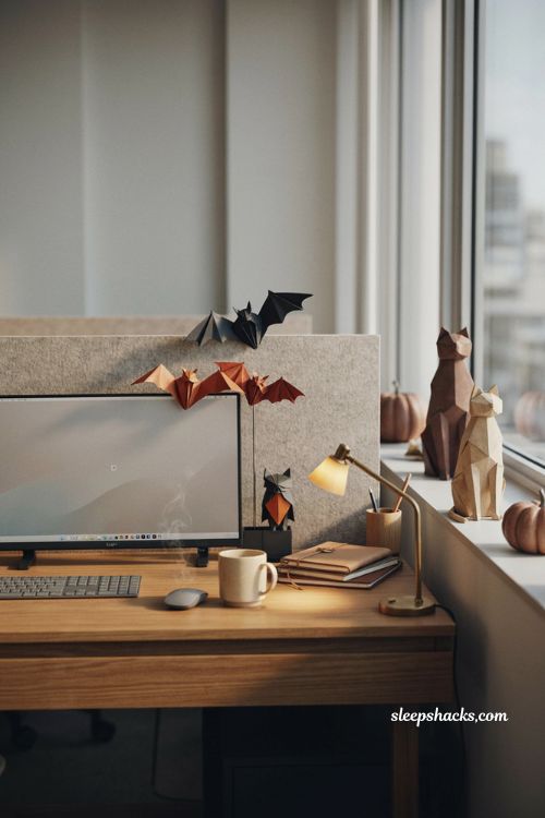 Origami bats cats and owls for cute office Halloween desk decor