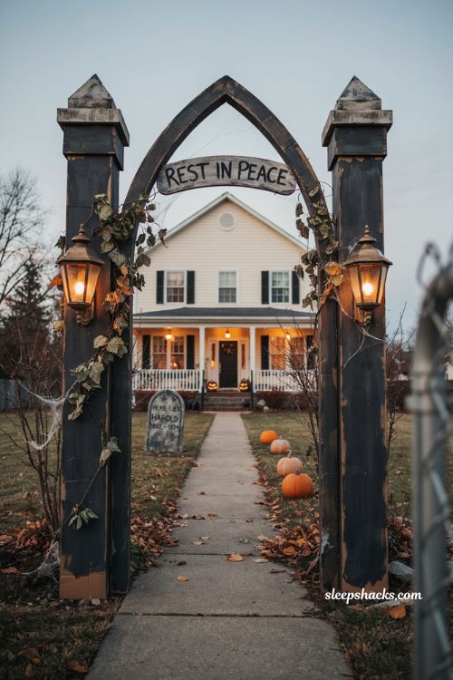 Outdoor Halloween decor front yards cardboard cemetery gate ideas