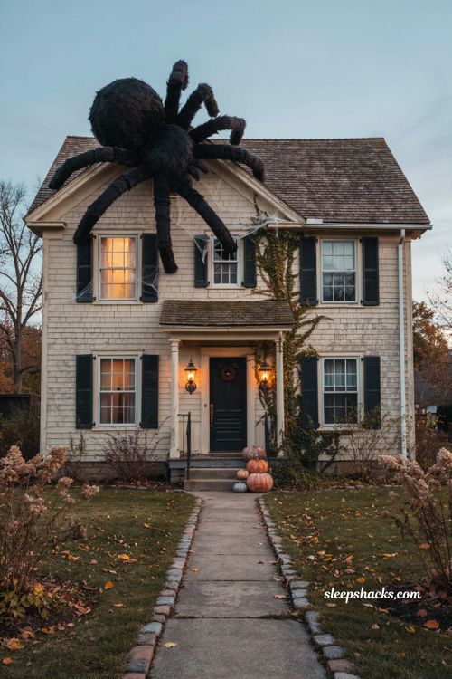 Outdoor Halloween decor front yards giant furry spider ideas