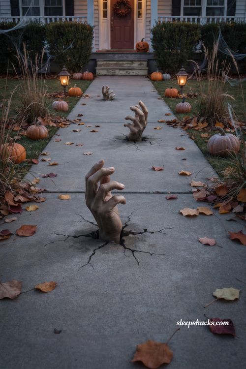 Outdoor Halloween decor front yards glowing ghoul walkway ideas