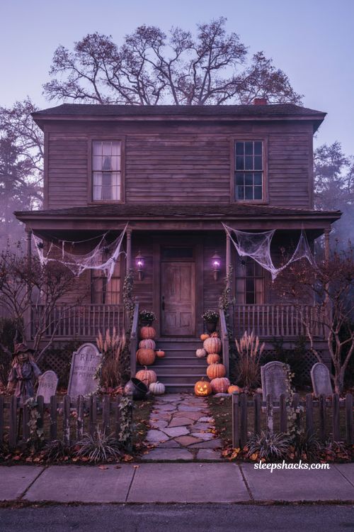 Outdoor Halloween decor front yards monochromatic purple lighting ideas