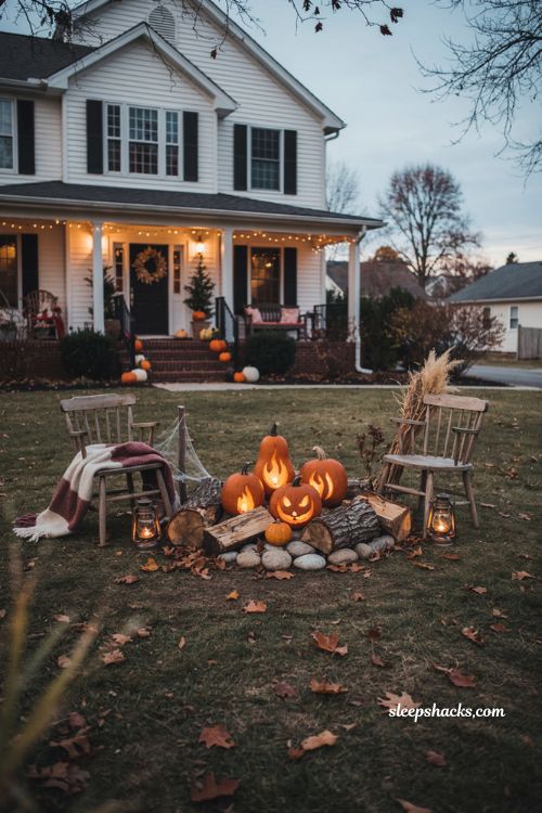 Outdoor Halloween decor front yards pumpkin campfire ideas