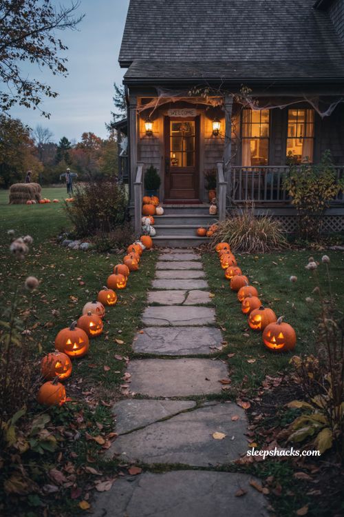Outdoor Halloween decor front yards pumpkin luminary walkway ideas